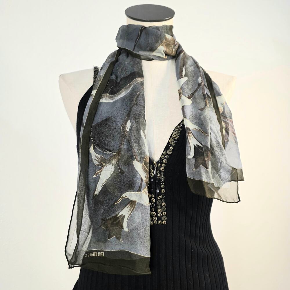 Vintage Bill Blass Silk Chiffon Scarf Floral Dark Academia Designer Hair Wrap